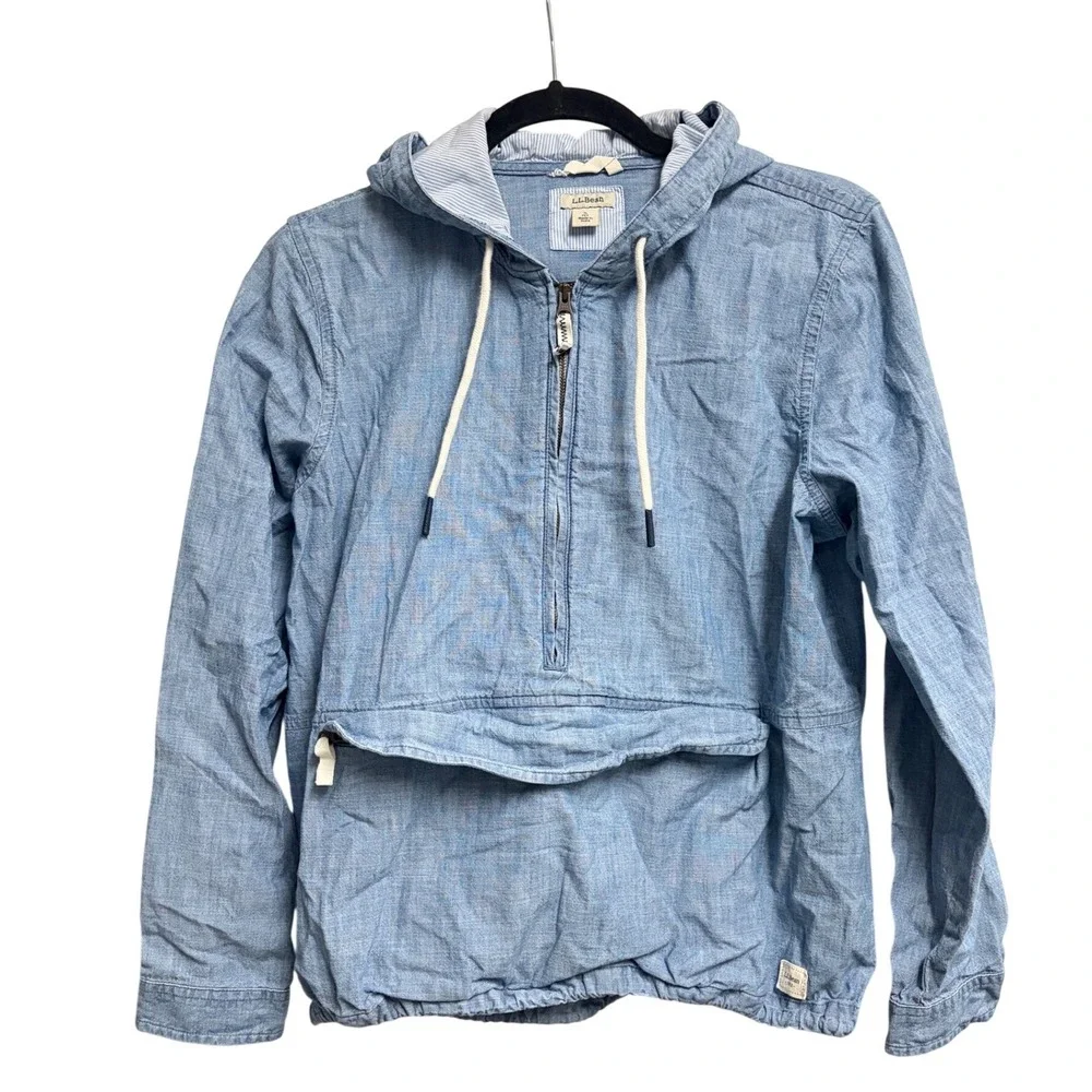 L.L. Bean Anorak Jacket Blue Cotton Chambray Pullover Hoodie Small Petite‎